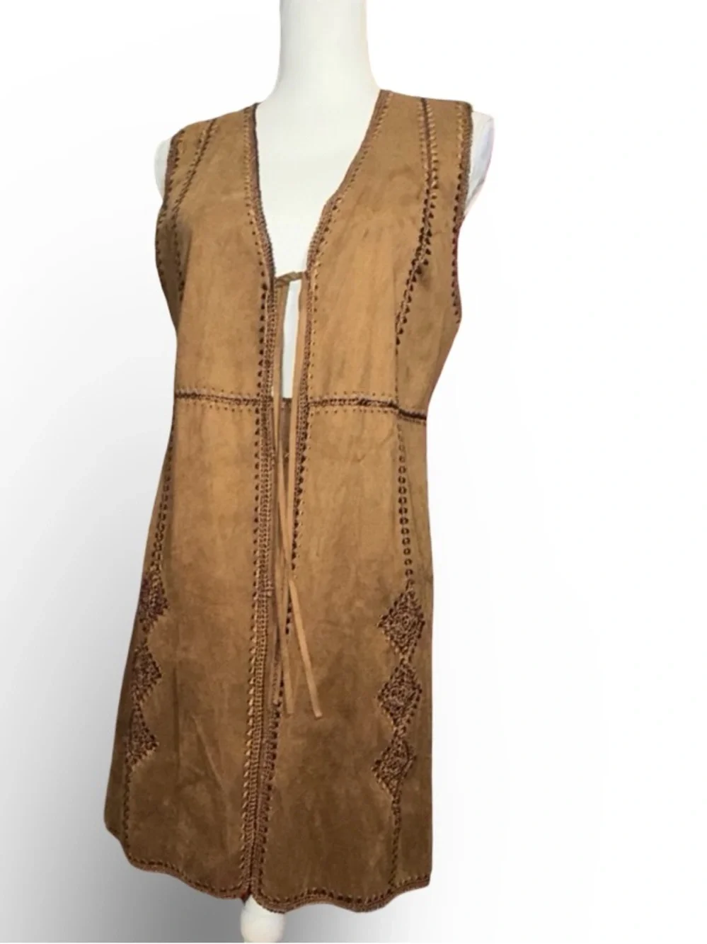 Zara Woman Faux Suede Boho Embroidered Vest & Mini Skirt Set, S
